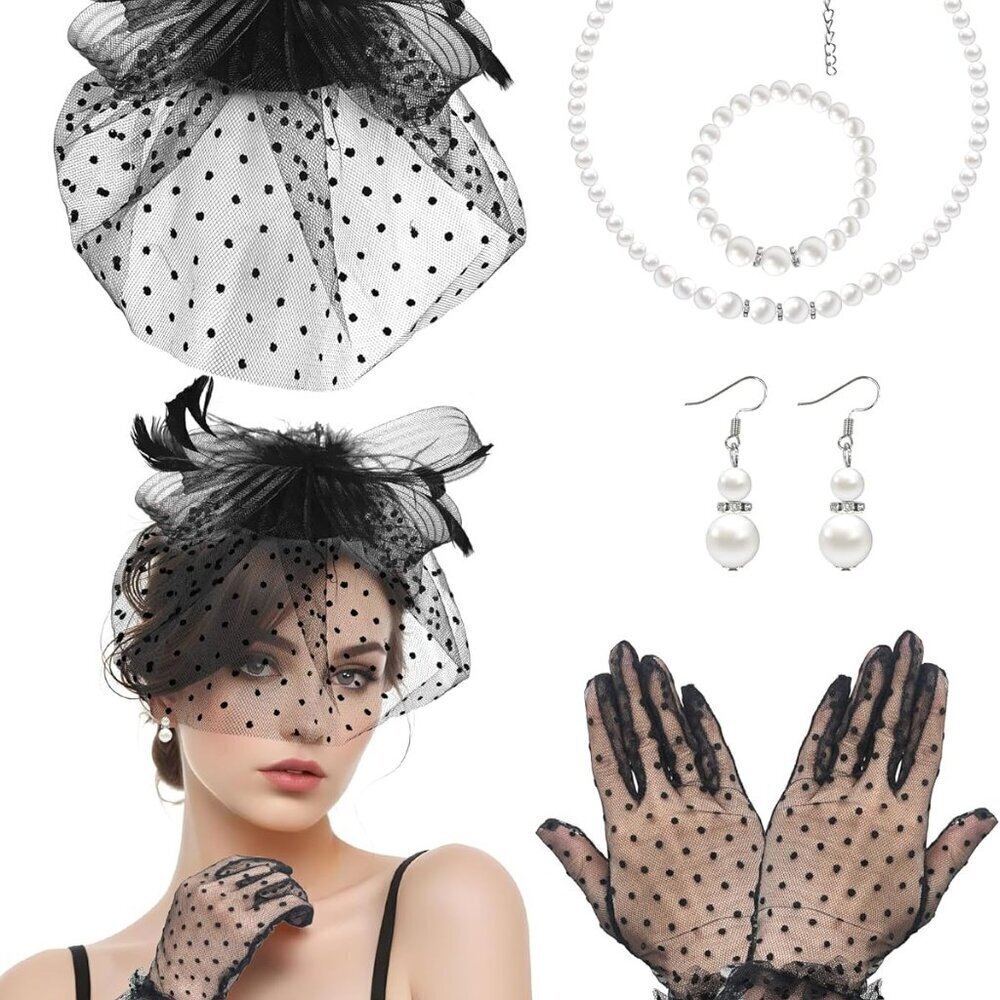 Women’s Vintage Tea Party Hat Set Feather Veil Gloves Pearl Accessories